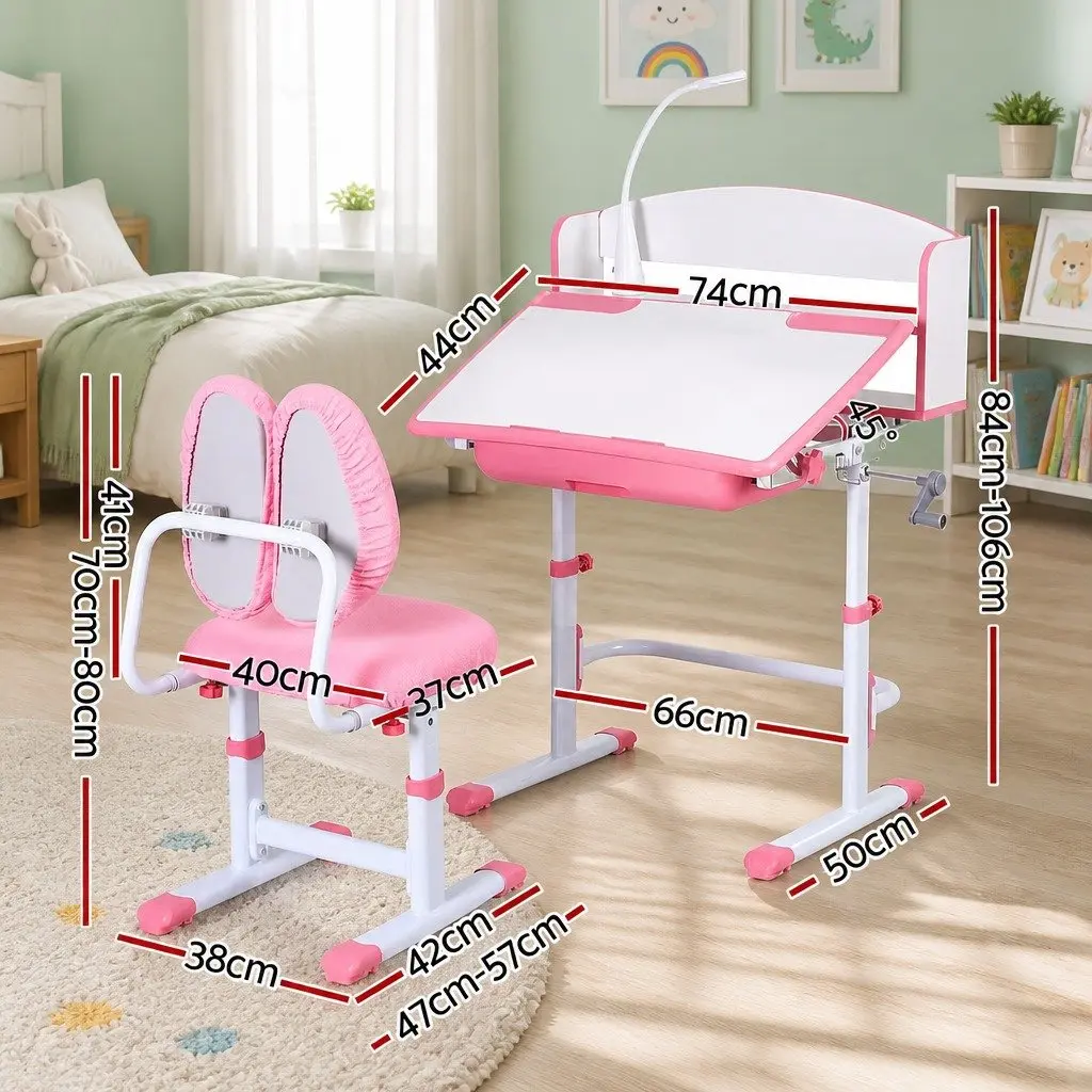 Kids Desk Chair Set Ergonomic with Adjustable Height LED Lamp Pink