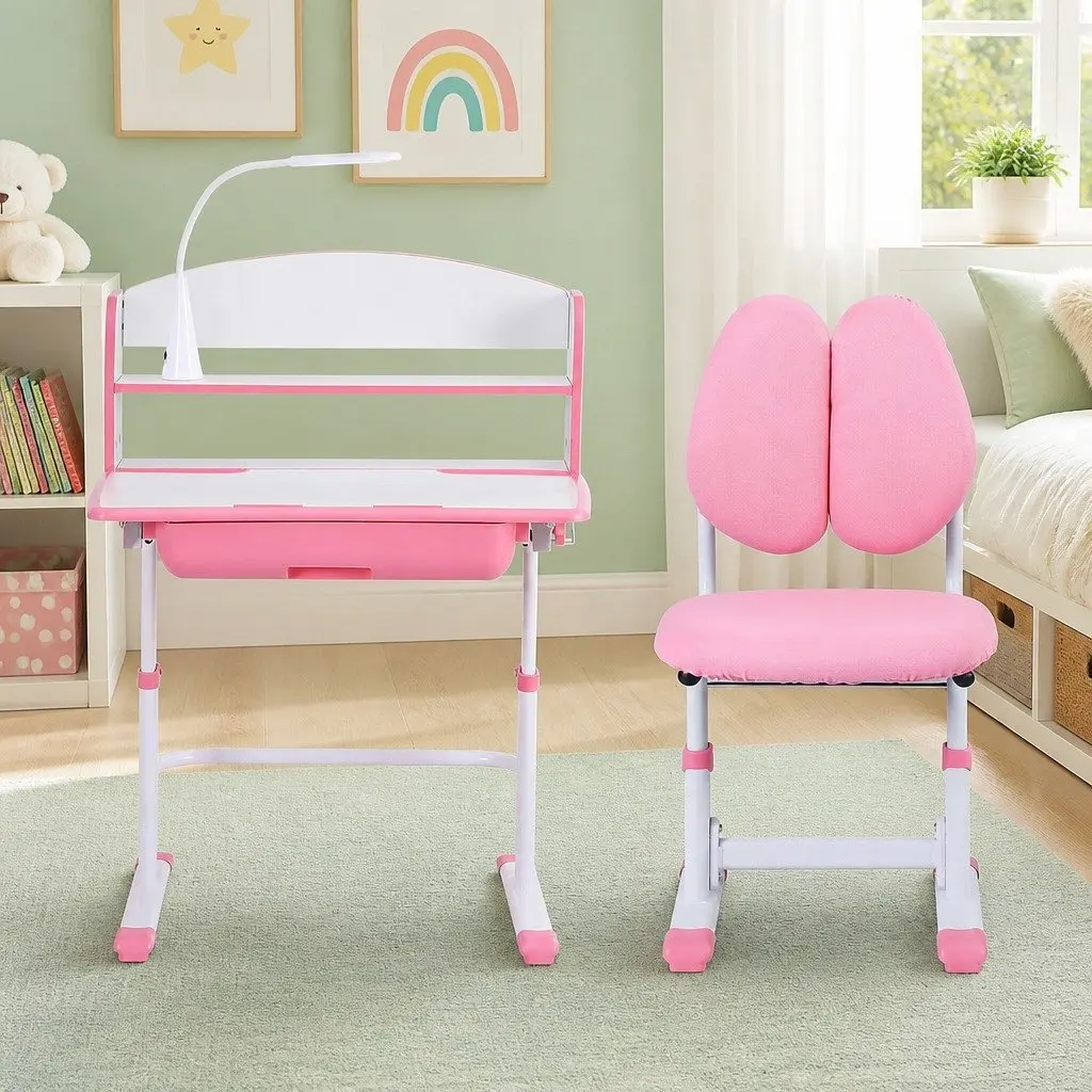 Kids Desk Chair Set Ergonomic with Adjustable Height LED Lamp Pink