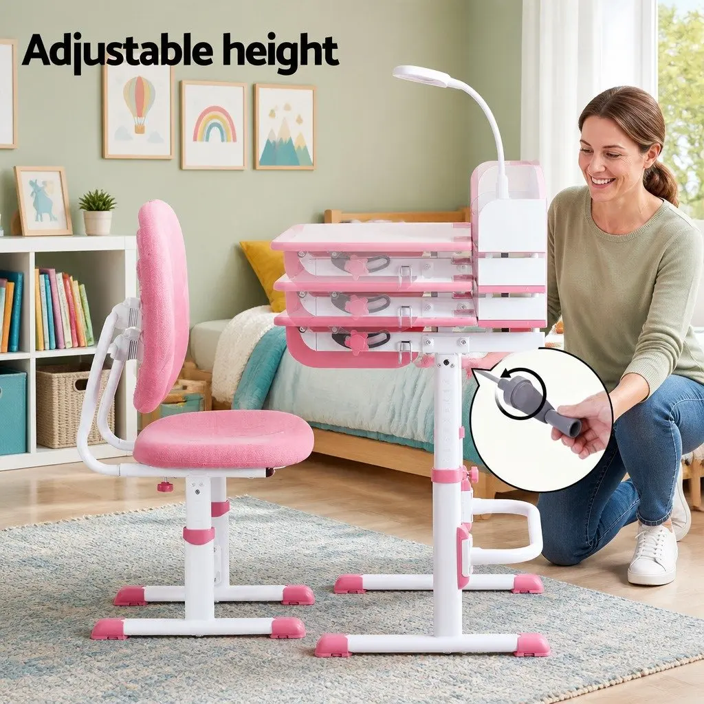 Kids Desk Chair Set Ergonomic with Adjustable Height LED Lamp Pink