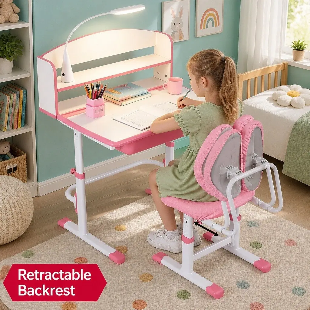 Kids Desk Chair Set Ergonomic with Adjustable Height LED Lamp Pink