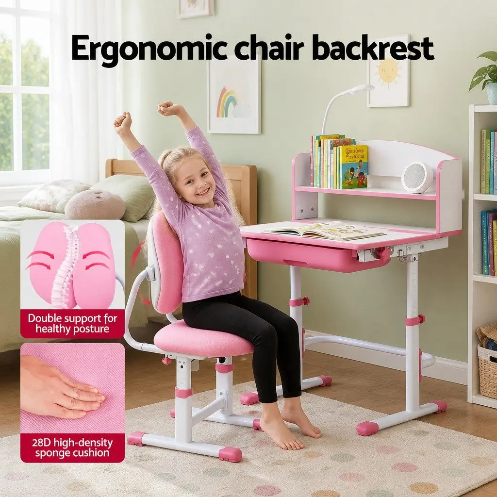 Kids Desk Chair Set Ergonomic with Adjustable Height LED Lamp Pink