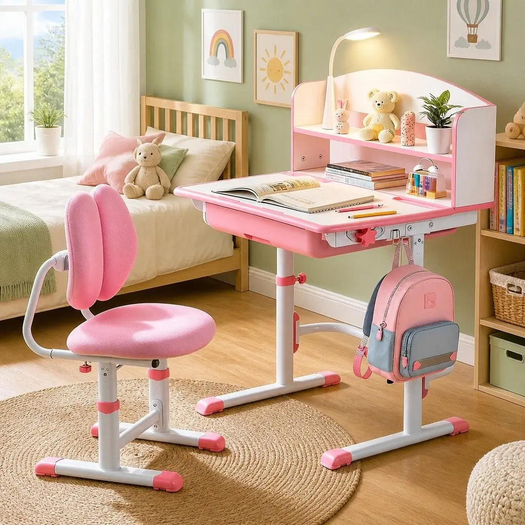 Kids Desk Chair Set Ergonomic with Adjustable Height LED Lamp Pink