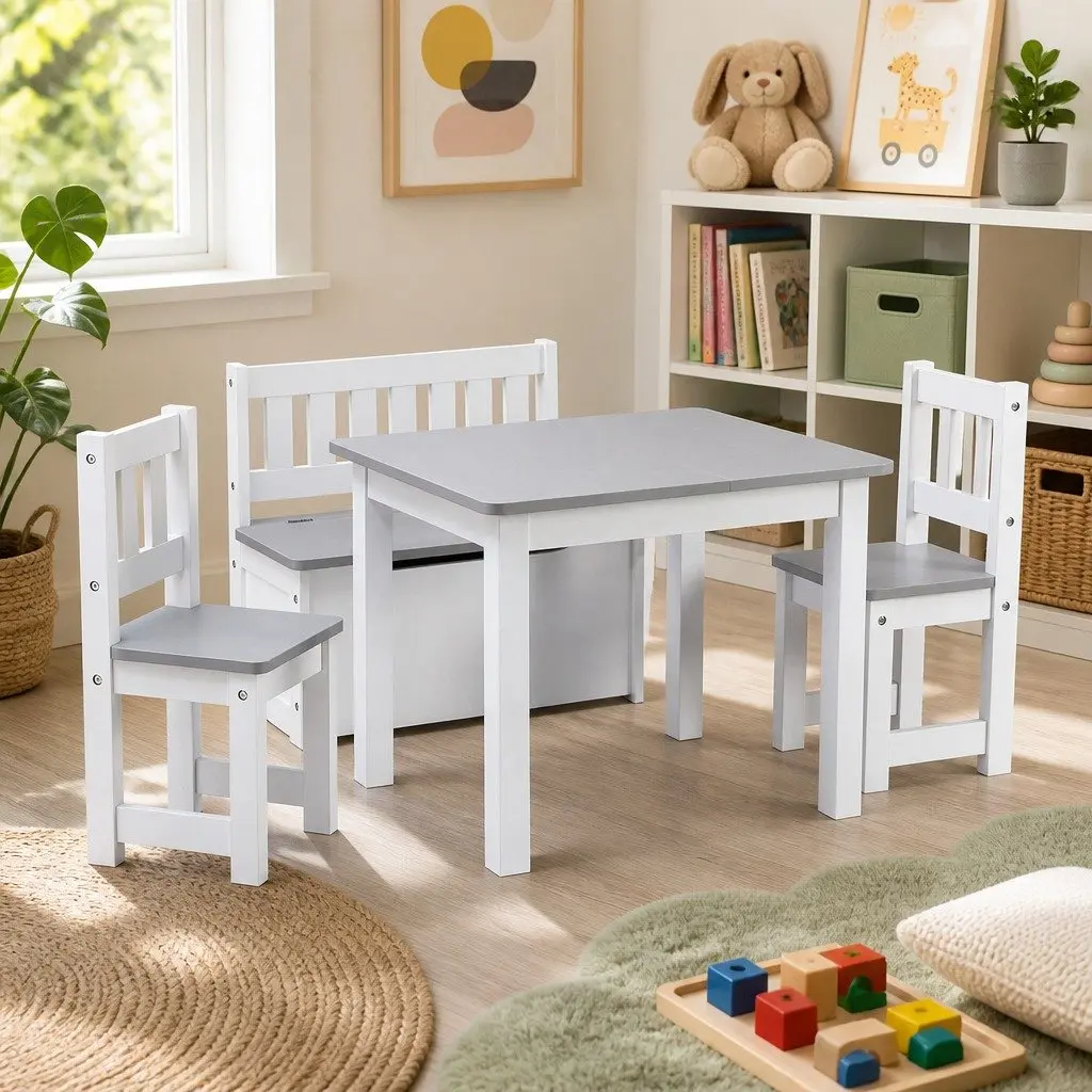 Kids Activity Table and Chair Set Grey MDF 4 Piece with Storage Bench