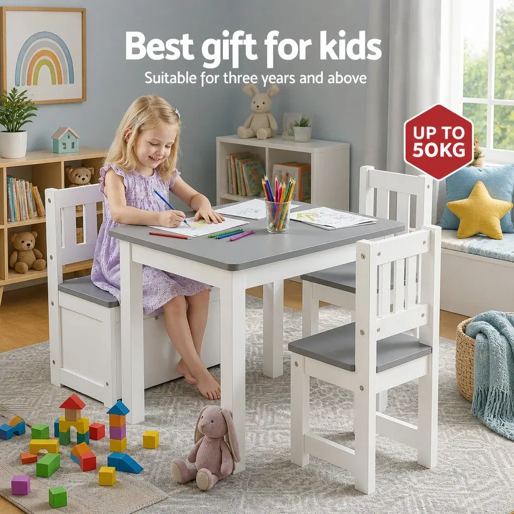 Kids Activity Table and Chair Set Grey MDF 4 Piece with Storage Bench
