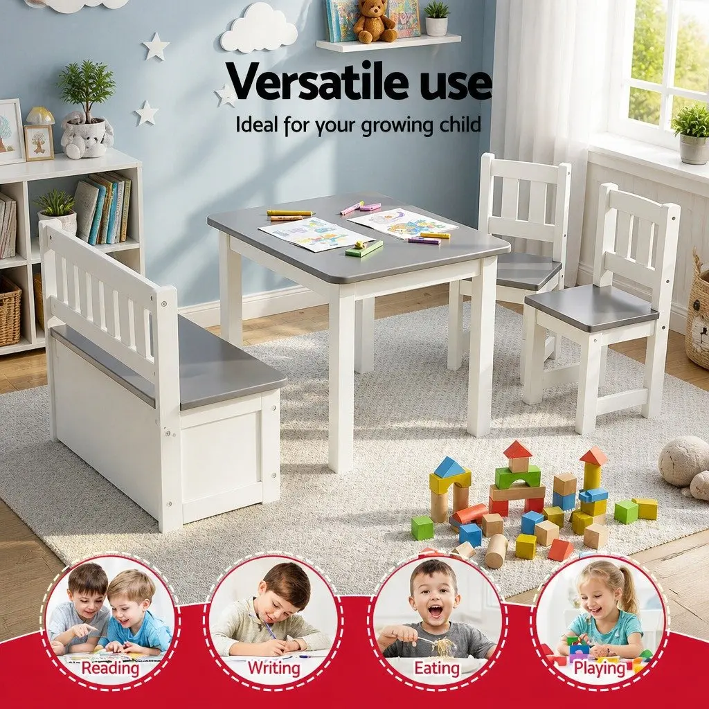 Kids Activity Table and Chair Set Grey MDF 4 Piece with Storage Bench