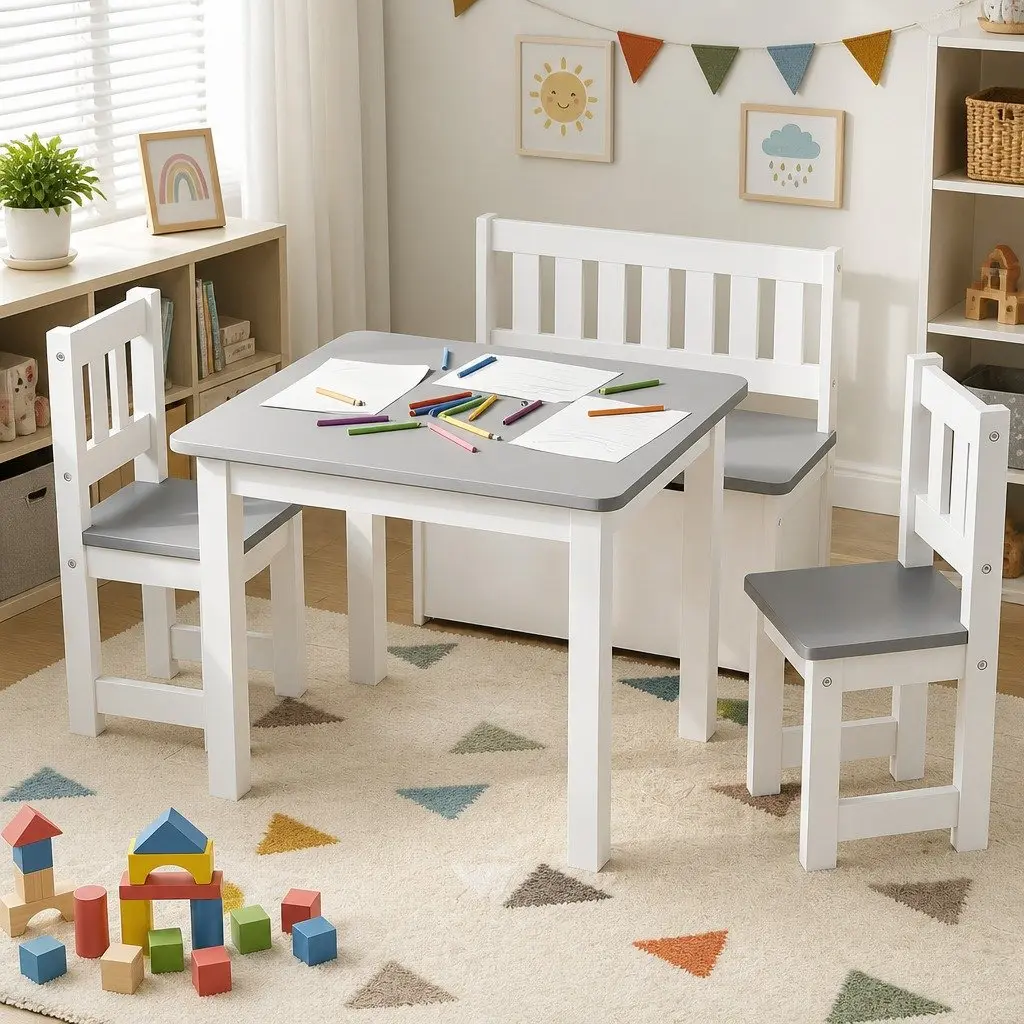 Kids Activity Table and Chair Set Grey MDF 4 Piece with Storage Bench