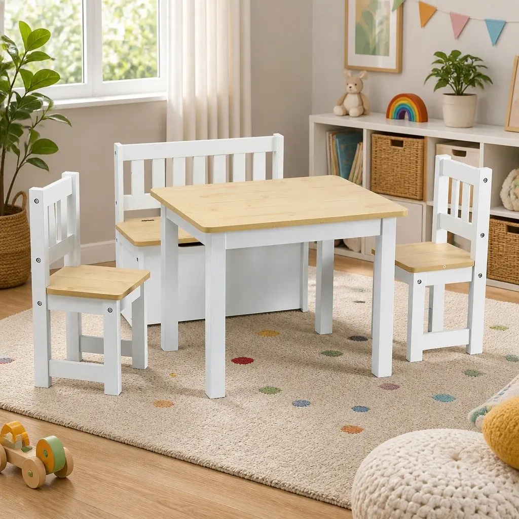 Kids Activity Table and Chair Set MDF White and Natural Teakwood 4 Piece with Storage Bench