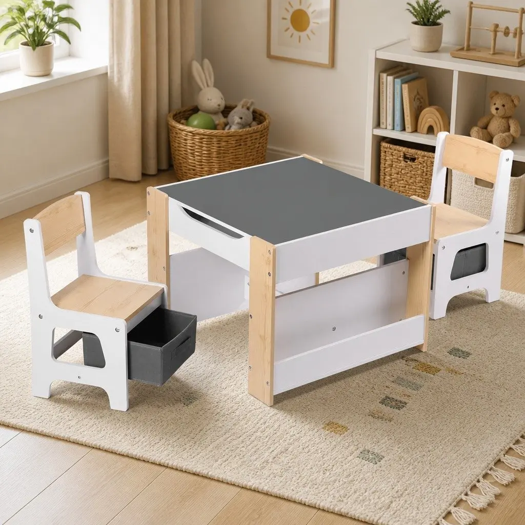 Kids Table and Chair Set Wooden Activity Desk Reversible Whiteboard and Blackboard White and Natural 9 Piece
