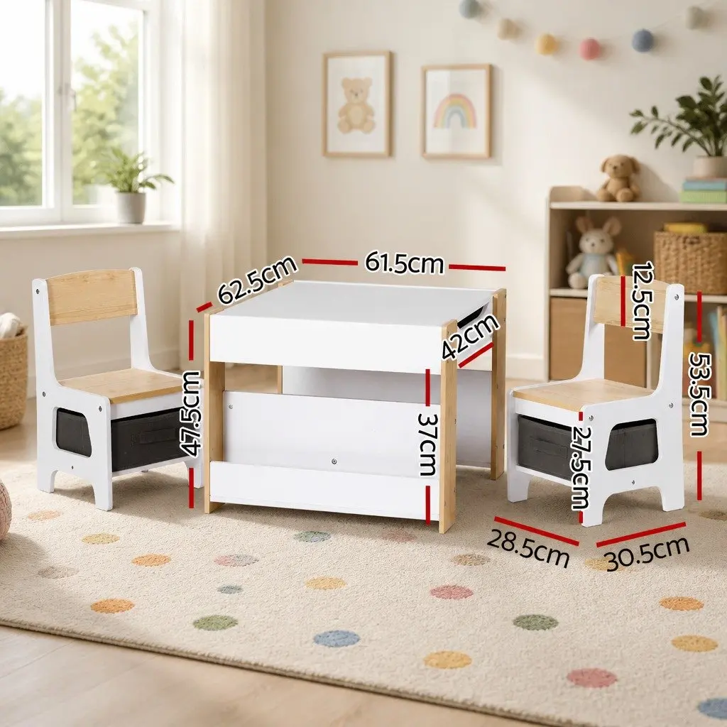 Kids Table and Chair Set Wooden Activity Desk Reversible Whiteboard and Blackboard White and Natural 9 Piece