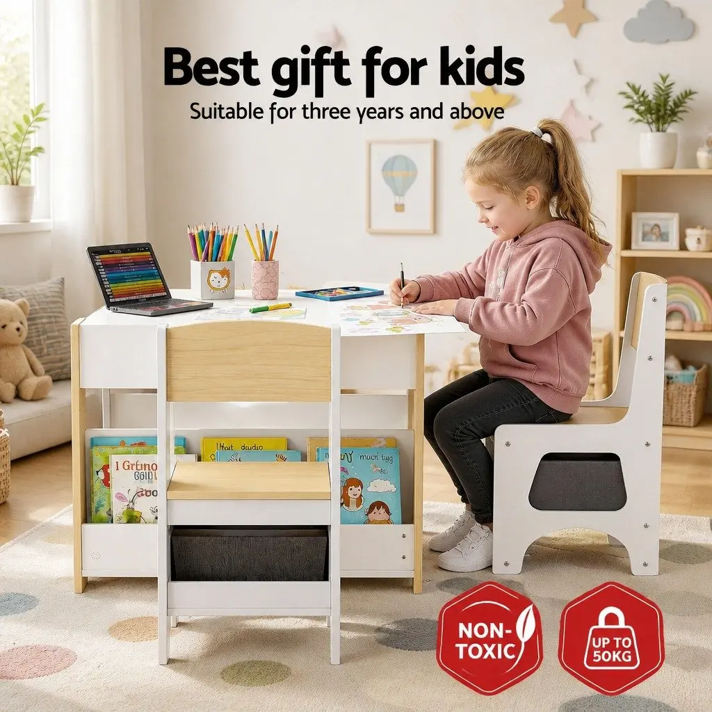 Kids Table and Chair Set Wooden Activity Desk Reversible Whiteboard and Blackboard White and Natural 9 Piece