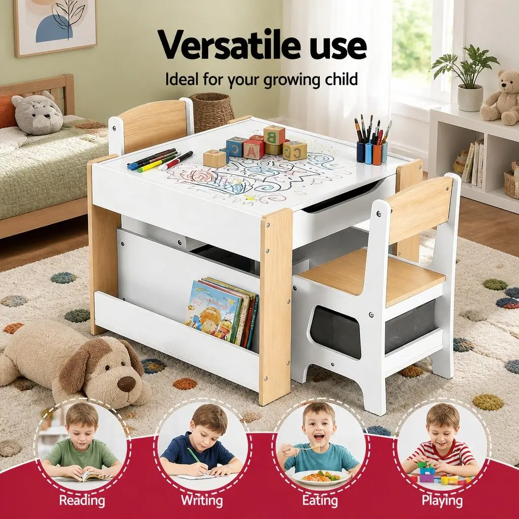 Kids Table and Chair Set Wooden Activity Desk Reversible Whiteboard and Blackboard White and Natural 9 Piece