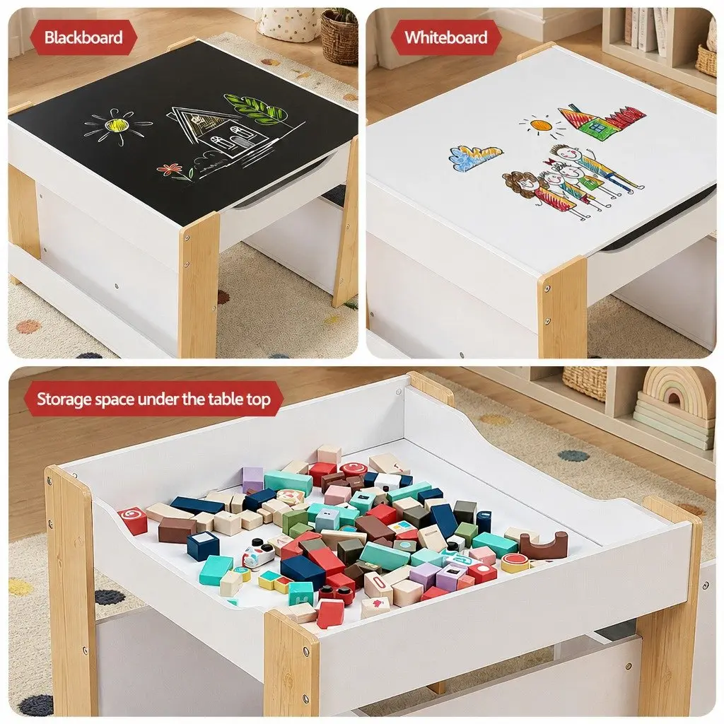 Kids Table and Chair Set Wooden Activity Desk Reversible Whiteboard and Blackboard White and Natural 9 Piece