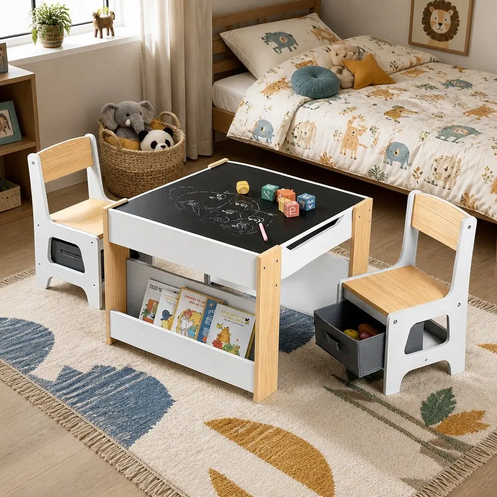 Kids Table and Chair Set Wooden Activity Desk Reversible Whiteboard and Blackboard White and Natural 9 Piece