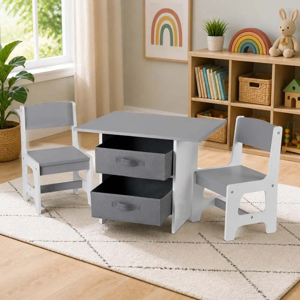 Kids Table and 2 Chairs Set Wooden Activity Desk Grey