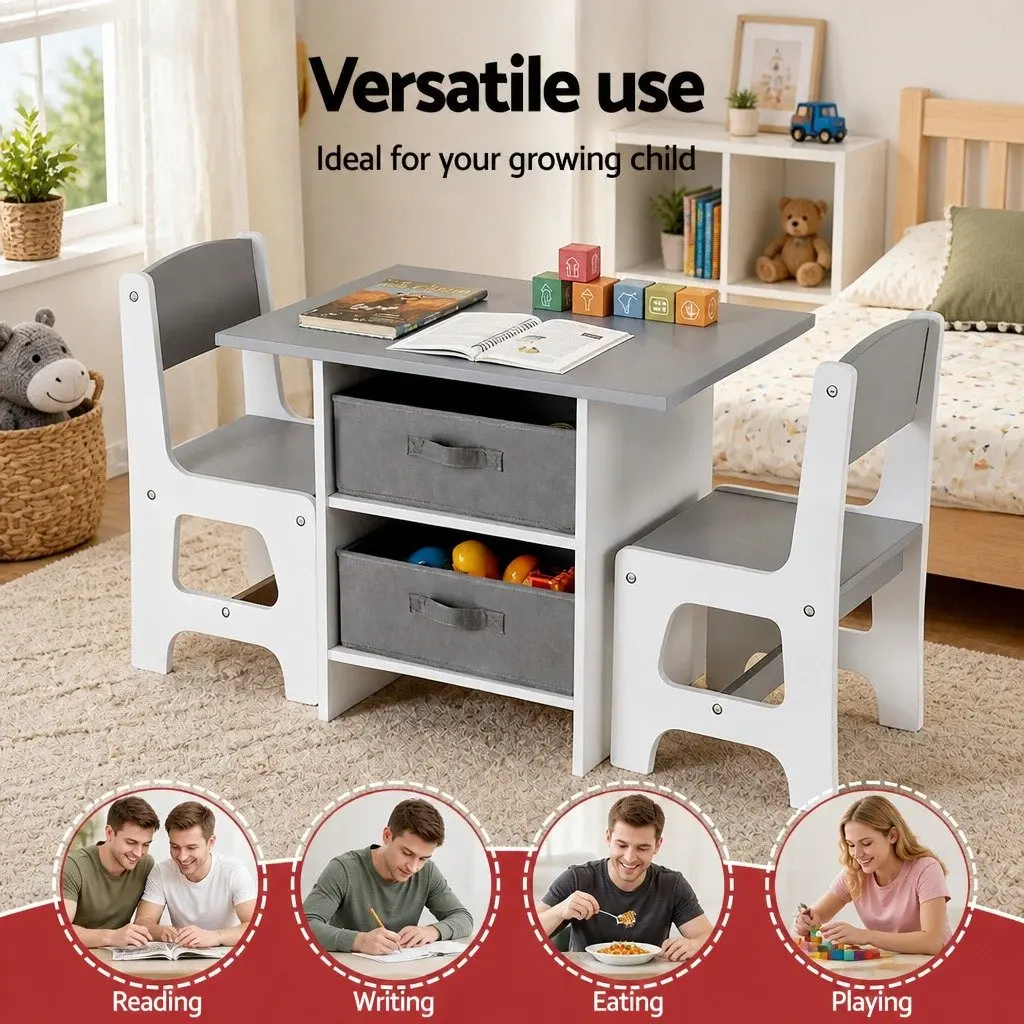Kids Table and 2 Chairs Set Wooden Activity Desk Grey