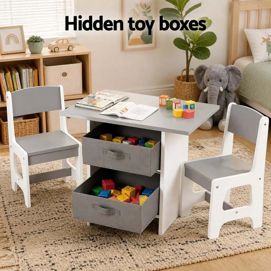 Kids Table and 2 Chairs Set Wooden Activity Desk Grey