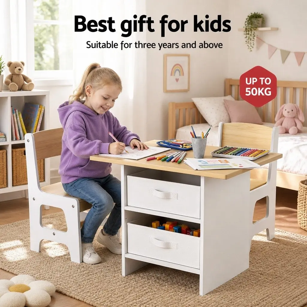 Kids Table and 2 Chairs Set MDF and Particle Board 65L x 48W x 50H cm White with Natural