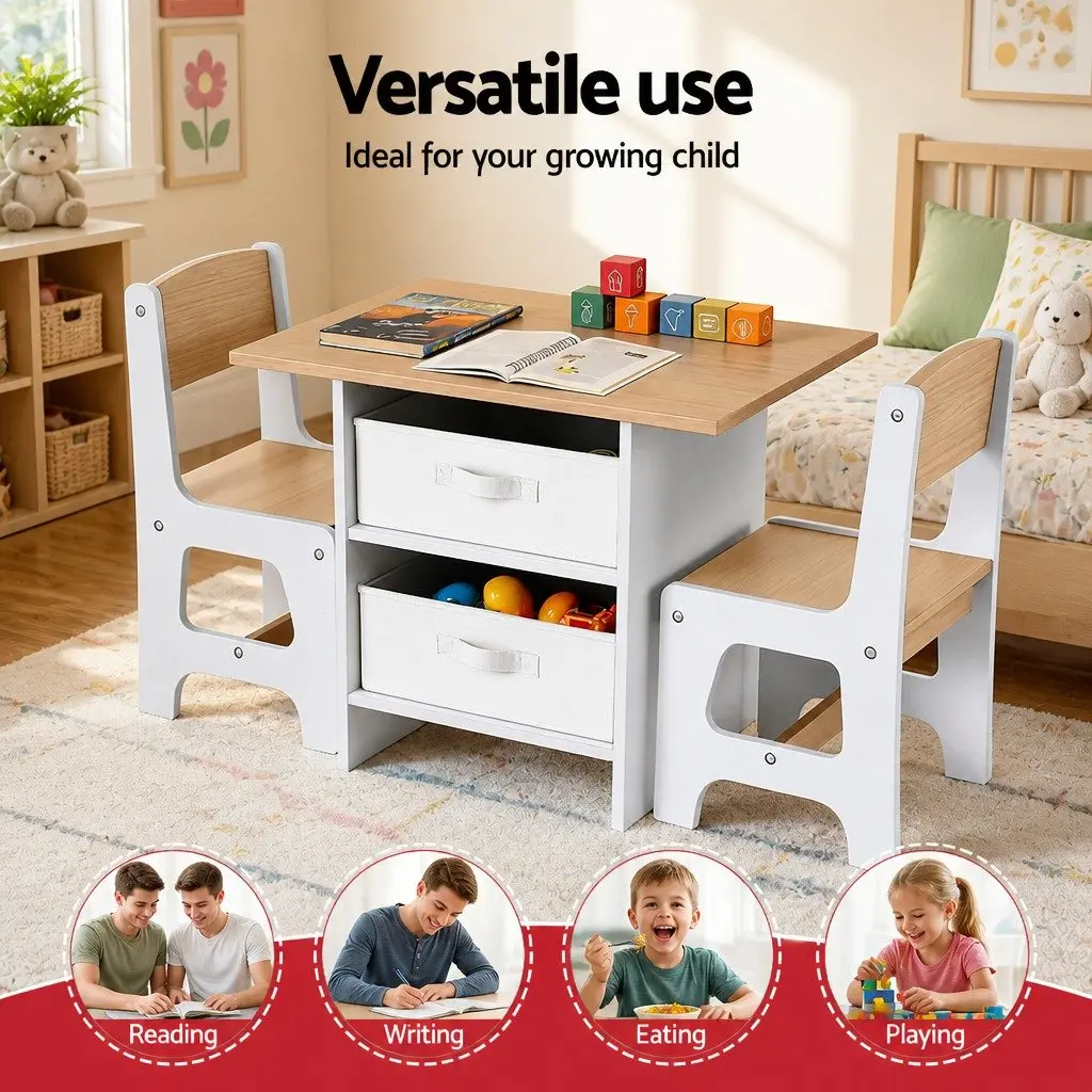Kids Table and 2 Chairs Set MDF and Particle Board 65L x 48W x 50H cm White with Natural