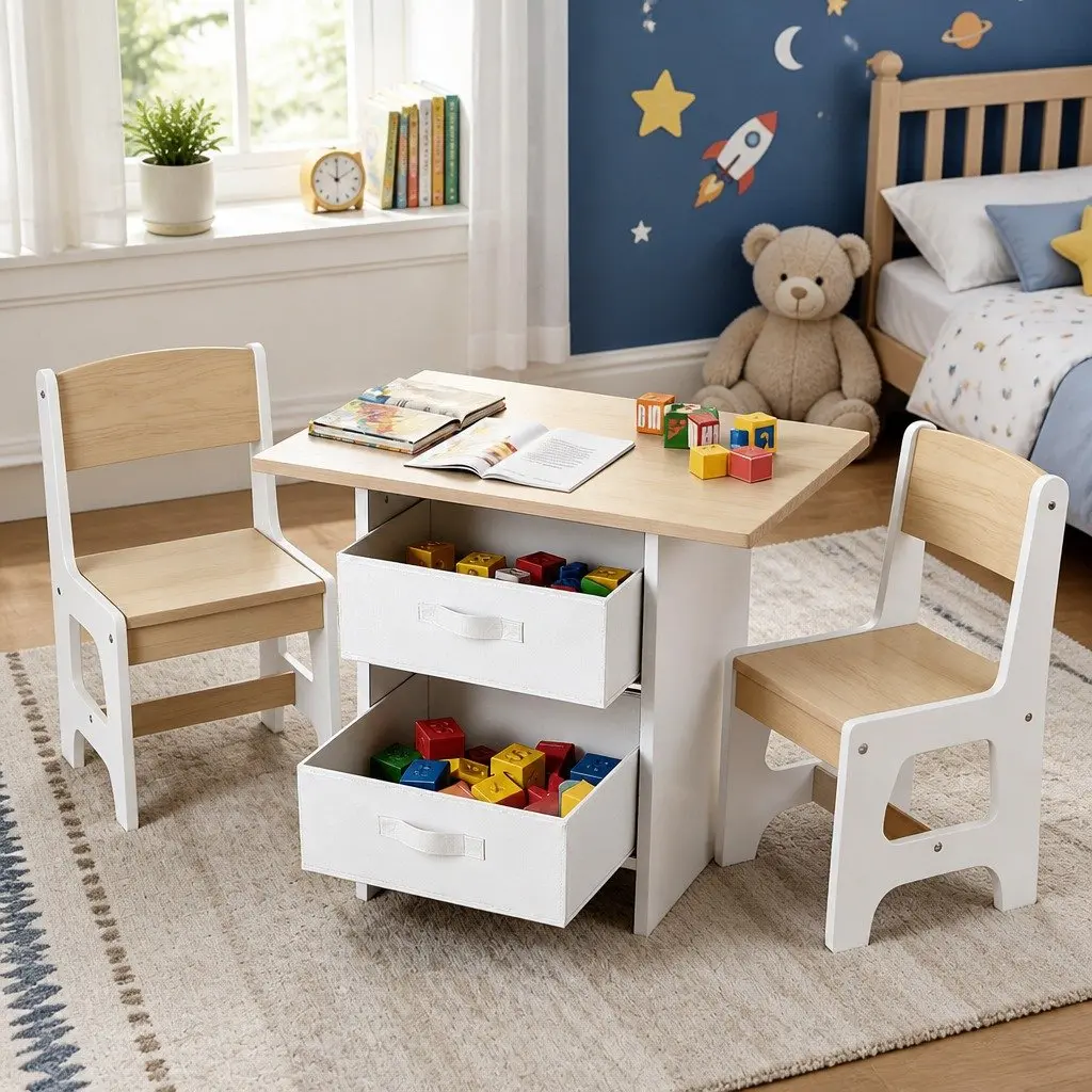 Kids Table and 2 Chairs Set MDF and Particle Board 65L x 48W x 50H cm White with Natural