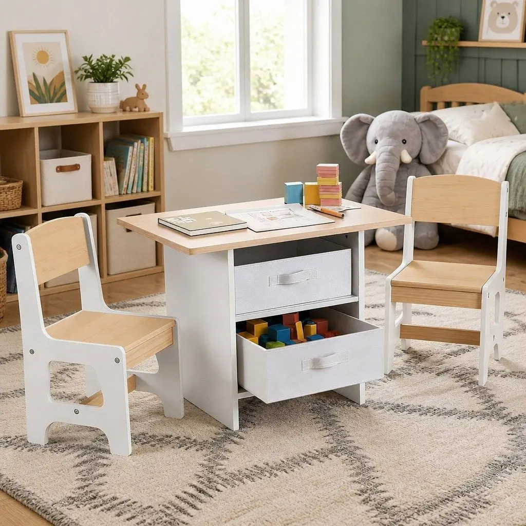 Kids Table and 2 Chairs Set MDF and Particle Board 65L x 48W x 50H cm White with Natural