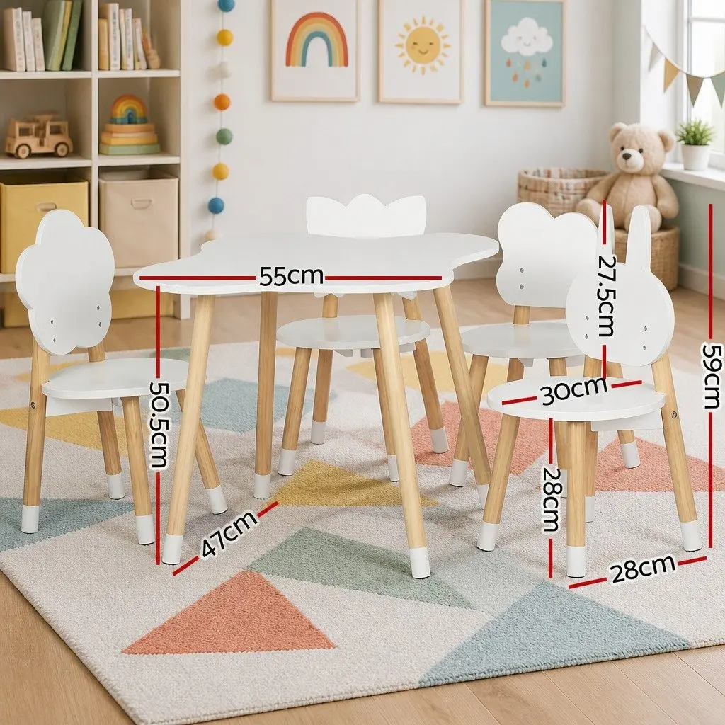 Kids Activity Table Set MDF Pine Wood 5 Piece White with Shaped Chairs for Playroom or Bedroom