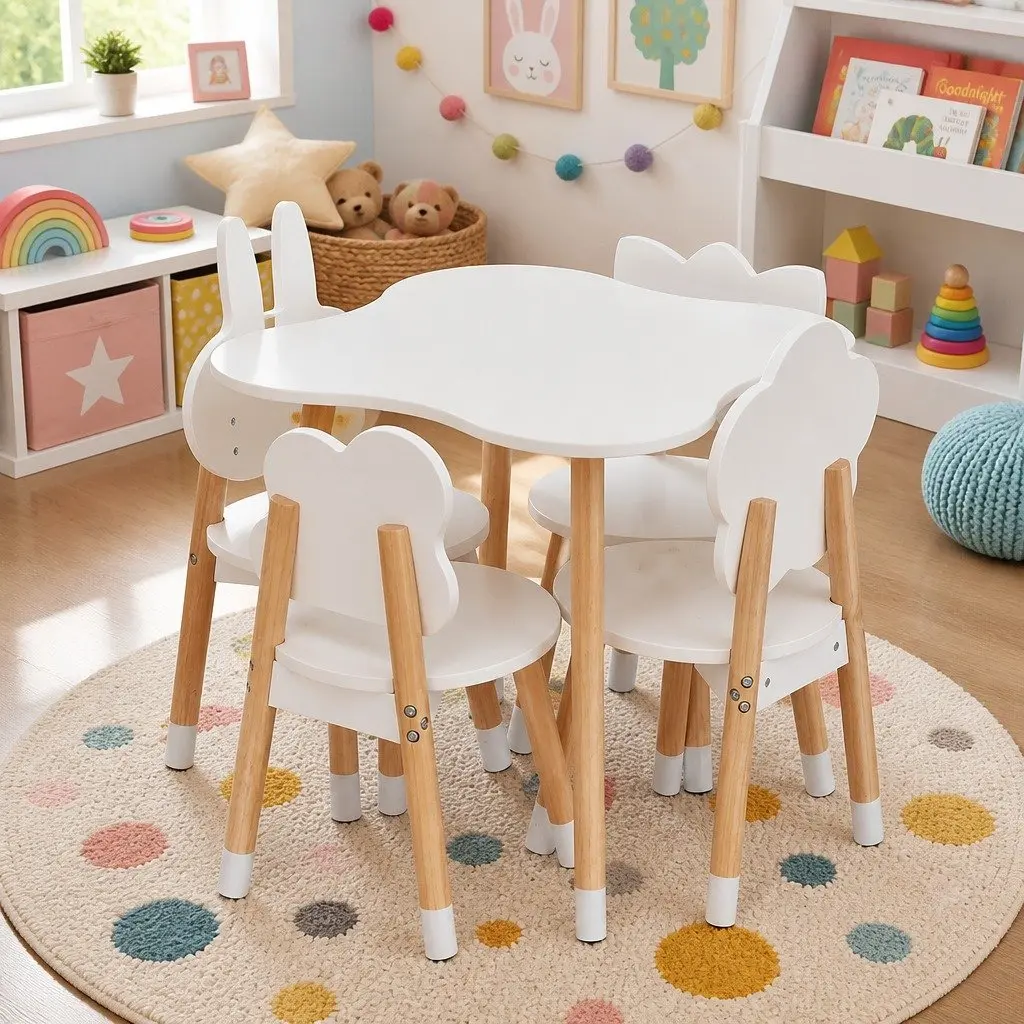 Kids Activity Table Set MDF Pine Wood 5 Piece White with Shaped Chairs for Playroom or Bedroom