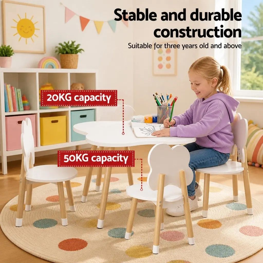 Kids Activity Table Set MDF Pine Wood 5 Piece White with Shaped Chairs for Playroom or Bedroom
