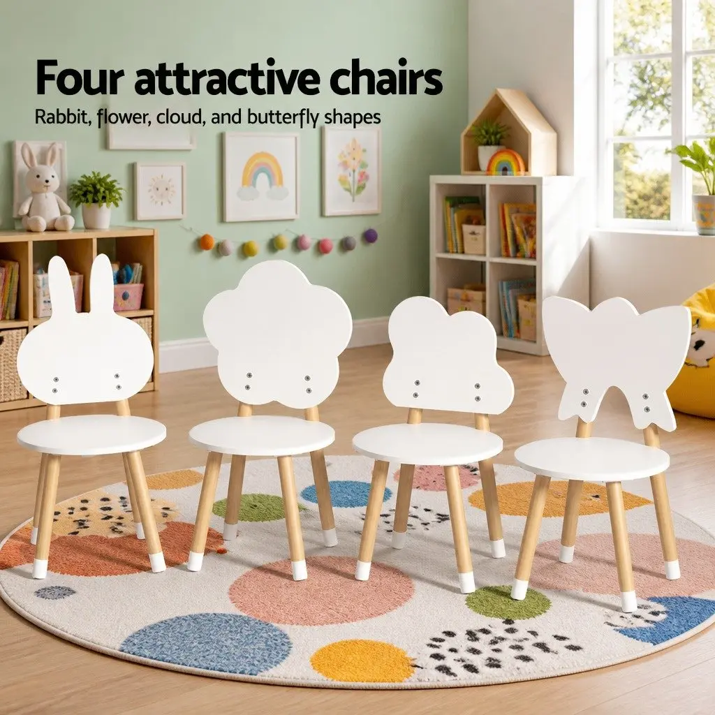 Kids Activity Table Set MDF Pine Wood 5 Piece White with Shaped Chairs for Playroom or Bedroom
