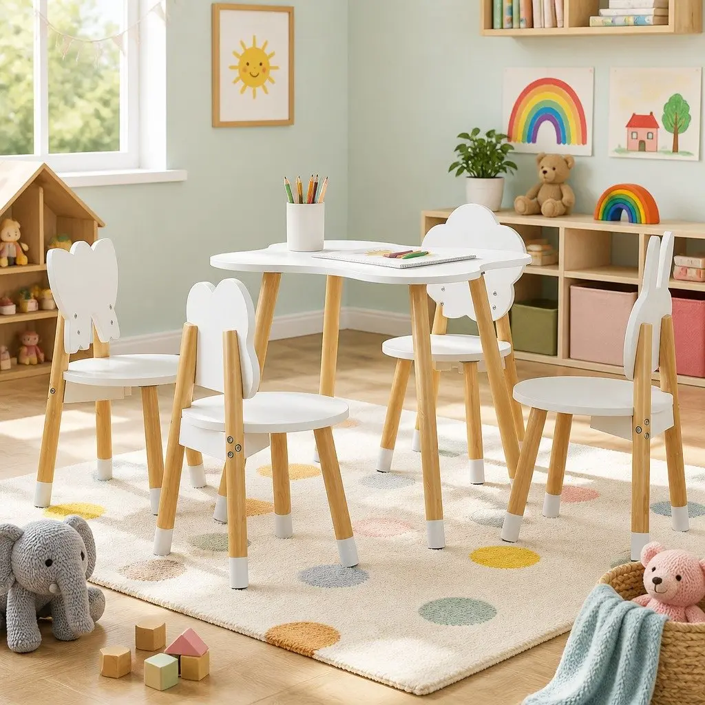Kids Activity Table Set MDF Pine Wood 5 Piece White with Shaped Chairs for Playroom or Bedroom