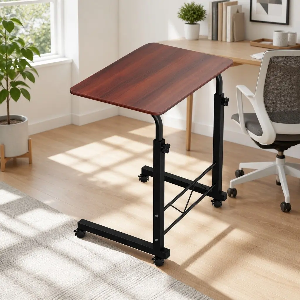 Adjustable Height Mobile Desk Brown MDF Steel 60cm Work Surface Office Study Stand
