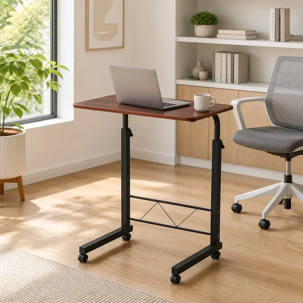 Adjustable Height Mobile Desk Brown MDF Steel 60cm Work Surface Office Study Stand
