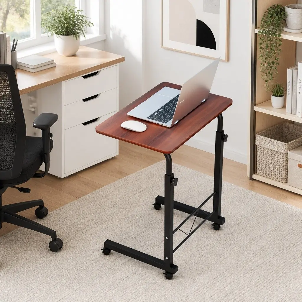 Adjustable Height Mobile Desk Brown MDF Steel 60cm Work Surface Office Study Stand
