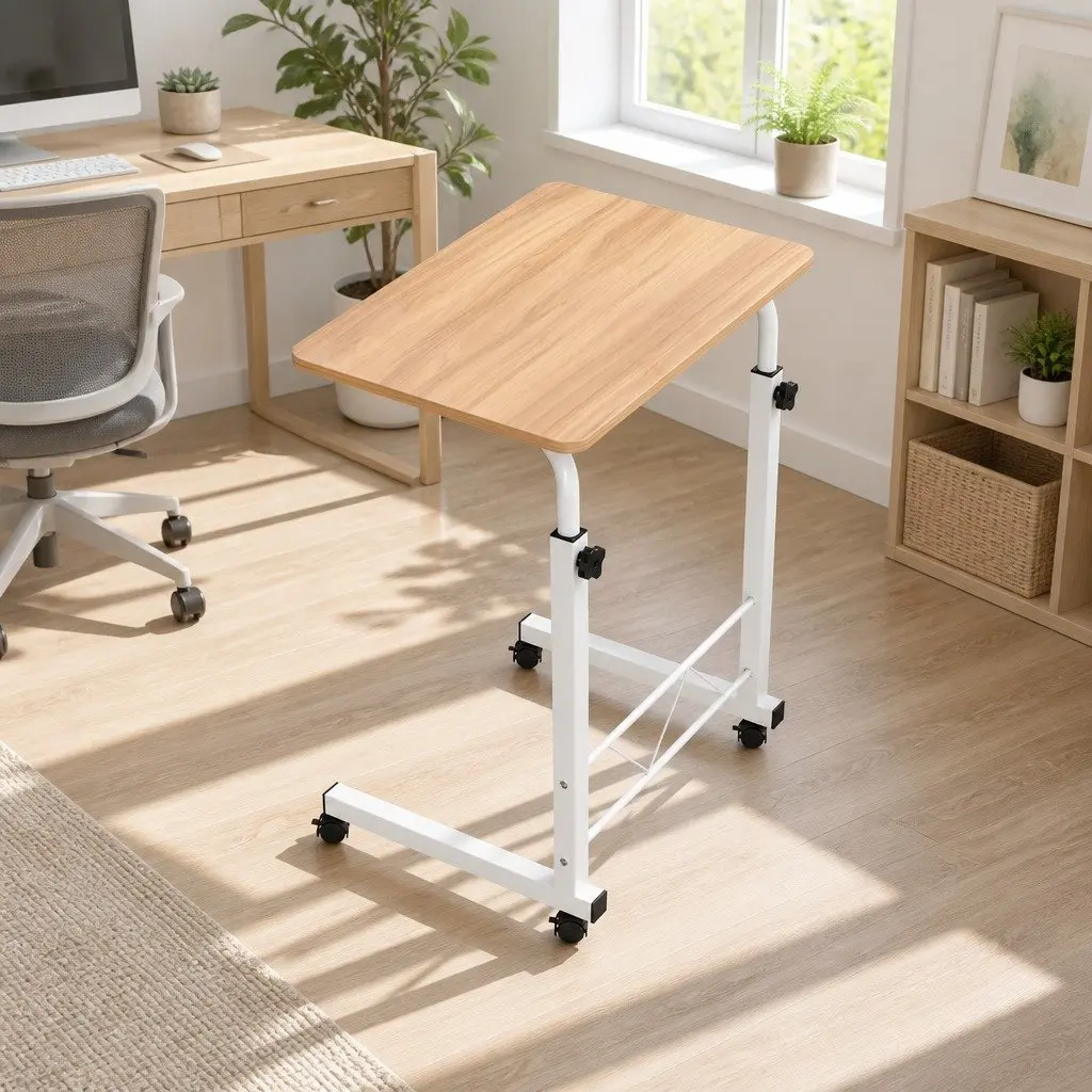 Beige Adjustable Laptop Desk with 360° Wheels