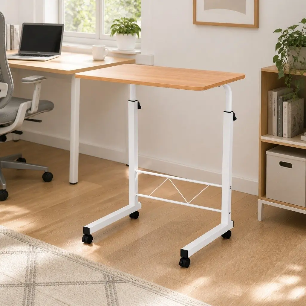 Beige Adjustable Laptop Desk with 360° Wheels