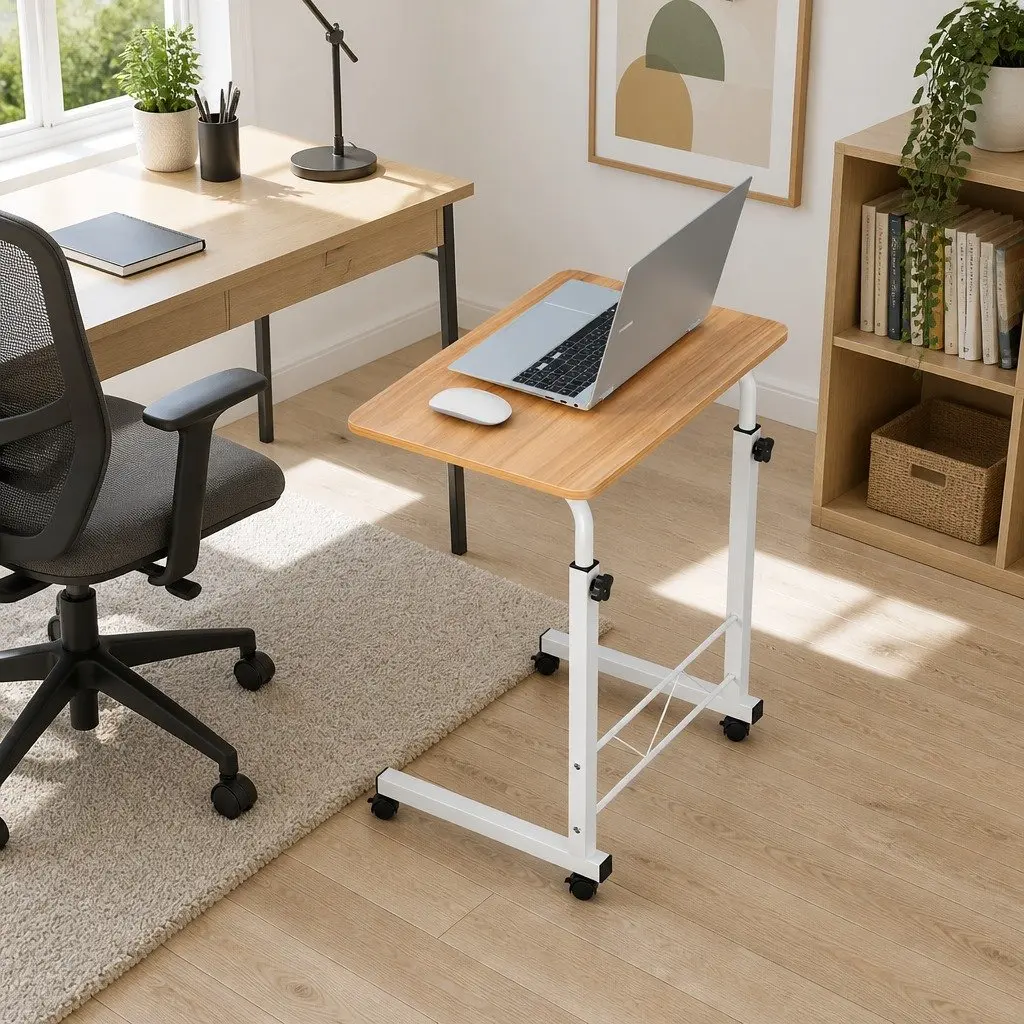 Beige Adjustable Laptop Desk with 360° Wheels