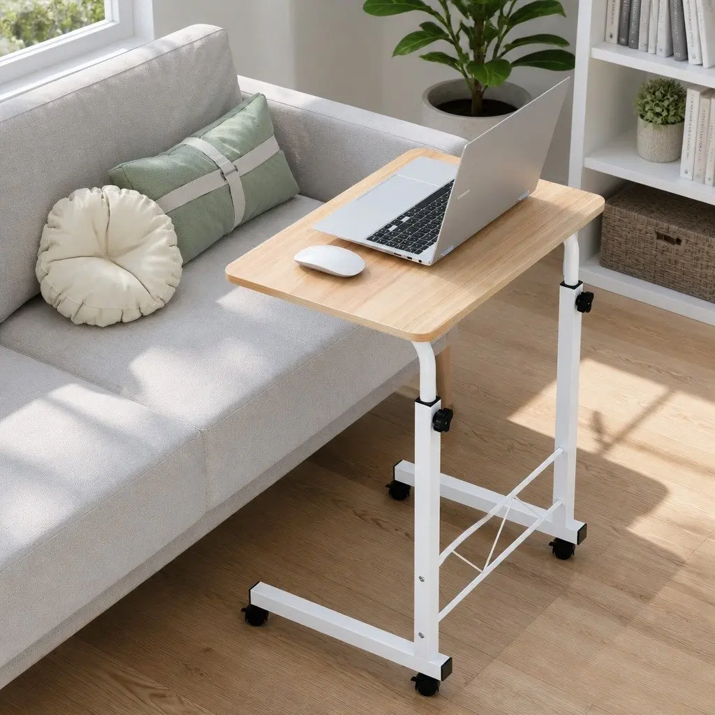 Beige Adjustable Laptop Desk with 360° Wheels