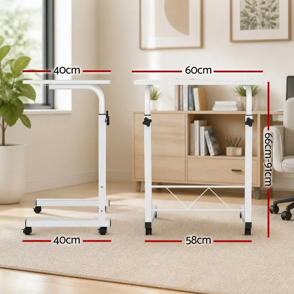 Mobile Laptop Desk Adjustable Height 60CM White Office Table with Wheels
