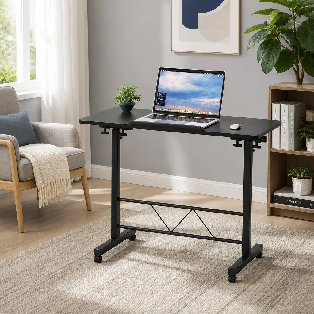 Mobile Laptop Desk Height Adjustable Tilting MDF Wooden Tabletop U-Shape Steel Frame 80CM Black