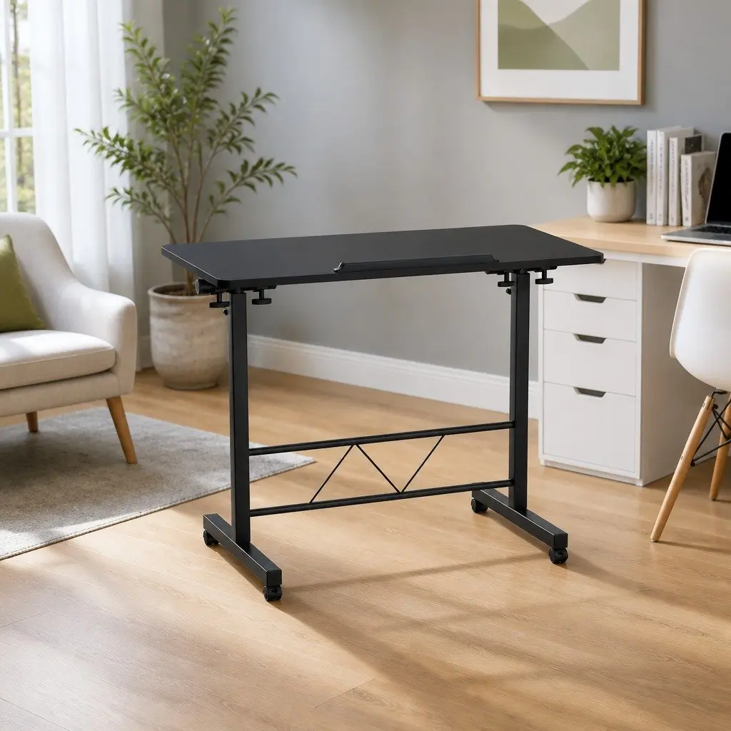 Mobile Laptop Desk Height Adjustable Tilting MDF Wooden Tabletop U-Shape Steel Frame 80CM Black