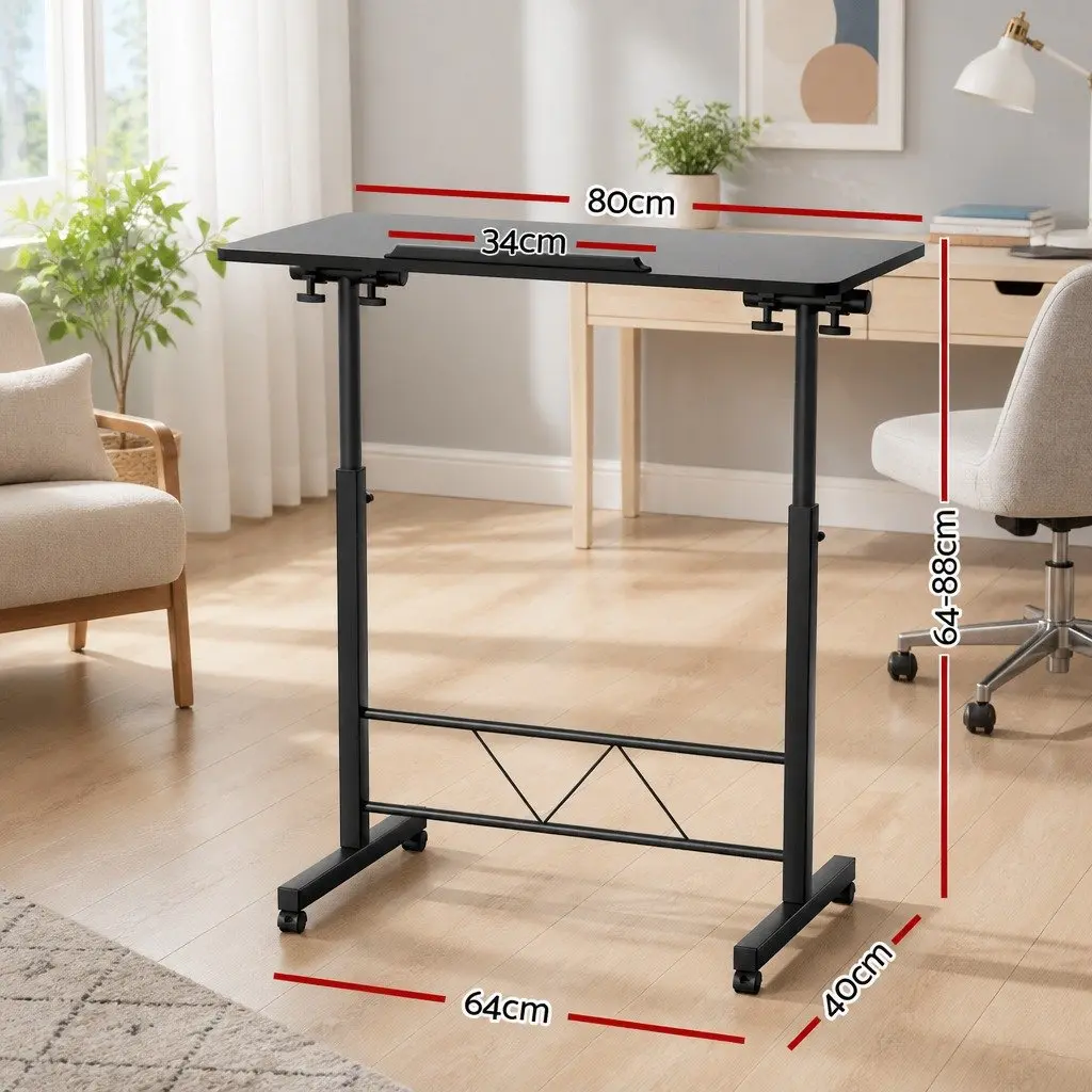 Mobile Laptop Desk Height Adjustable Tilting MDF Wooden Tabletop U-Shape Steel Frame 80CM Black