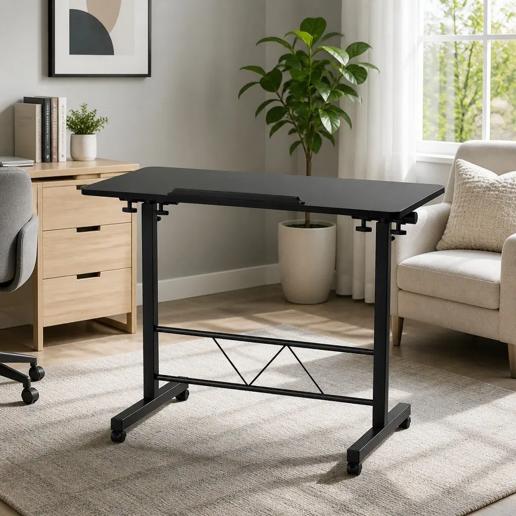 Mobile Laptop Desk Height Adjustable Tilting MDF Wooden Tabletop U-Shape Steel Frame 80CM Black