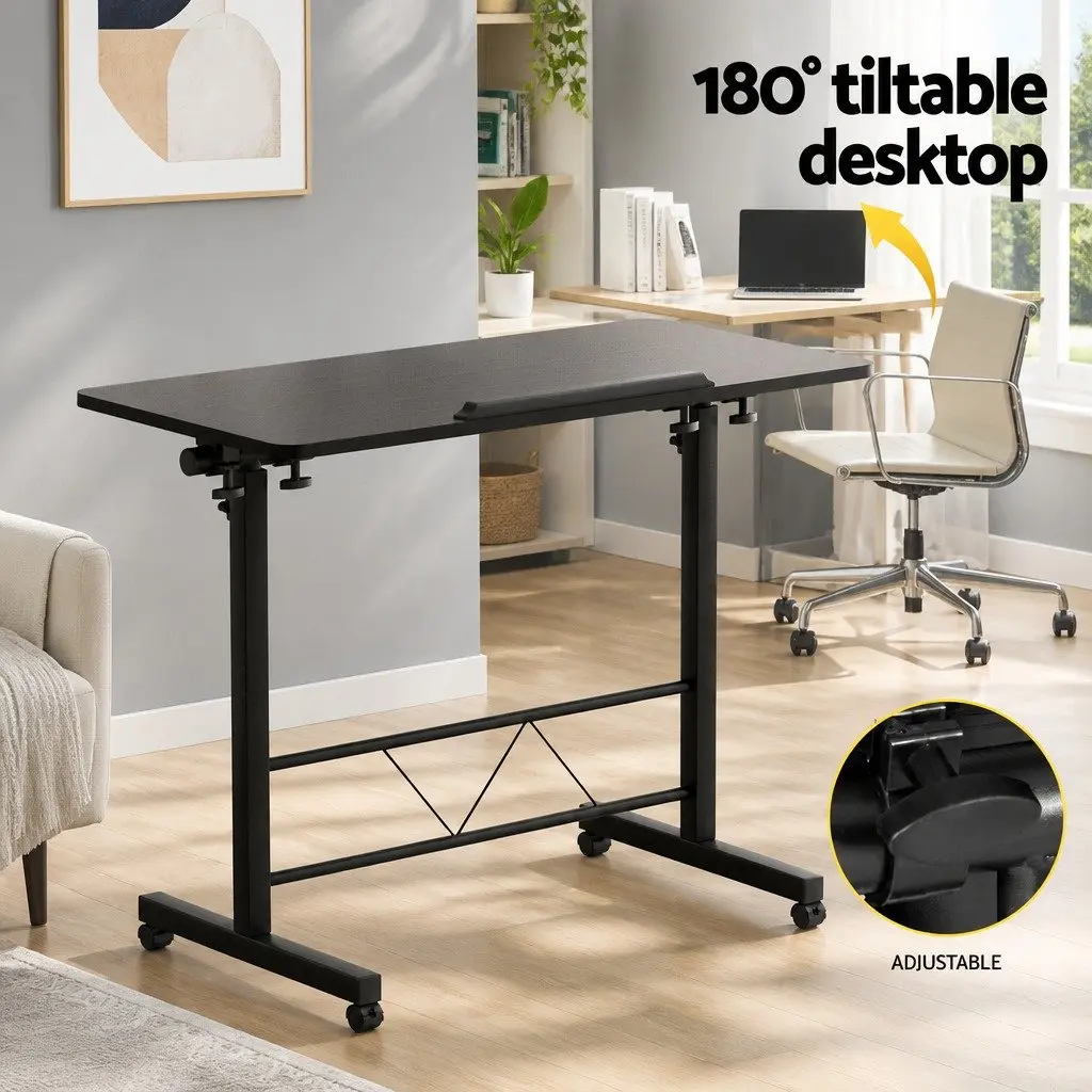 Mobile Laptop Desk Height Adjustable Tilting MDF Wooden Tabletop U-Shape Steel Frame 80CM Black