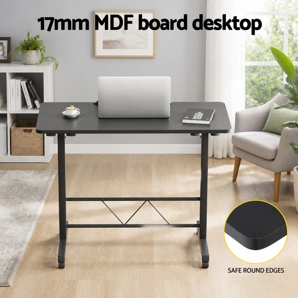 Mobile Laptop Desk Height Adjustable Tilting MDF Wooden Tabletop U-Shape Steel Frame 80CM Black