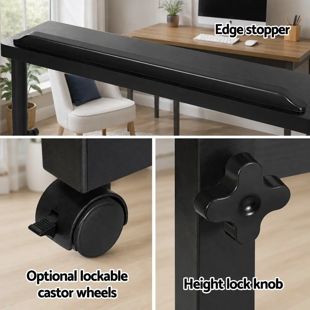 Mobile Laptop Desk Height Adjustable Tilting MDF Wooden Tabletop U-Shape Steel Frame 80CM Black