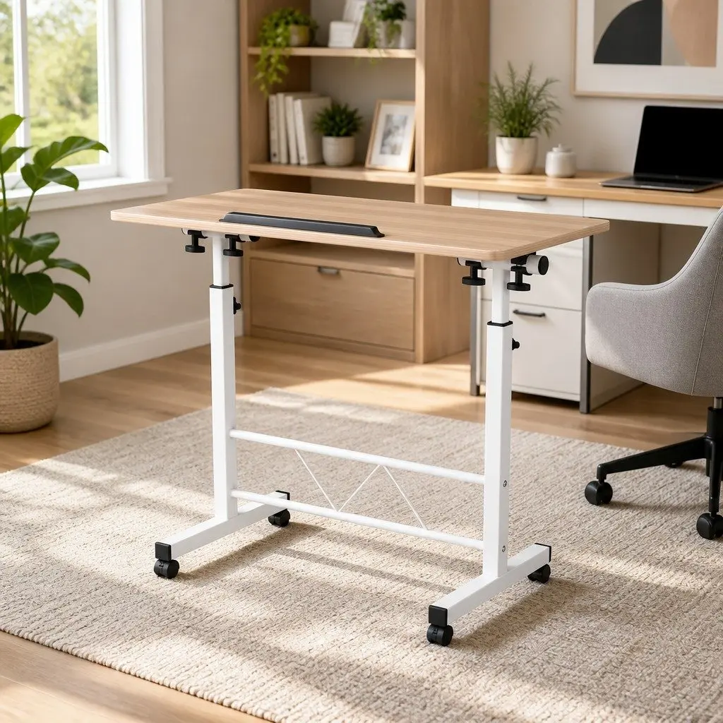 Mobile Desk Portable Light Wood Adjustable Height 80CM Tilting Brown