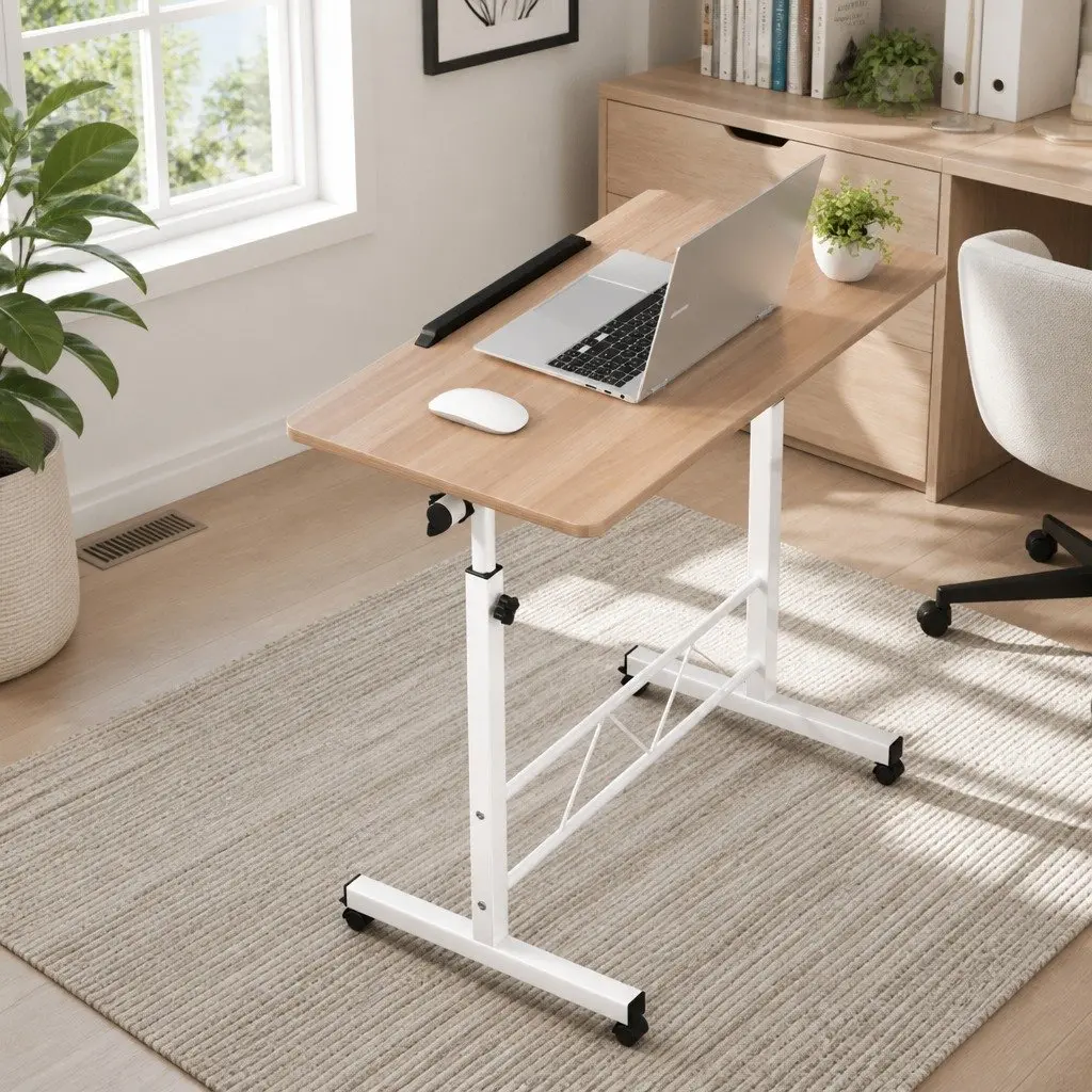Mobile Desk Portable Light Wood Adjustable Height 80CM Tilting Brown