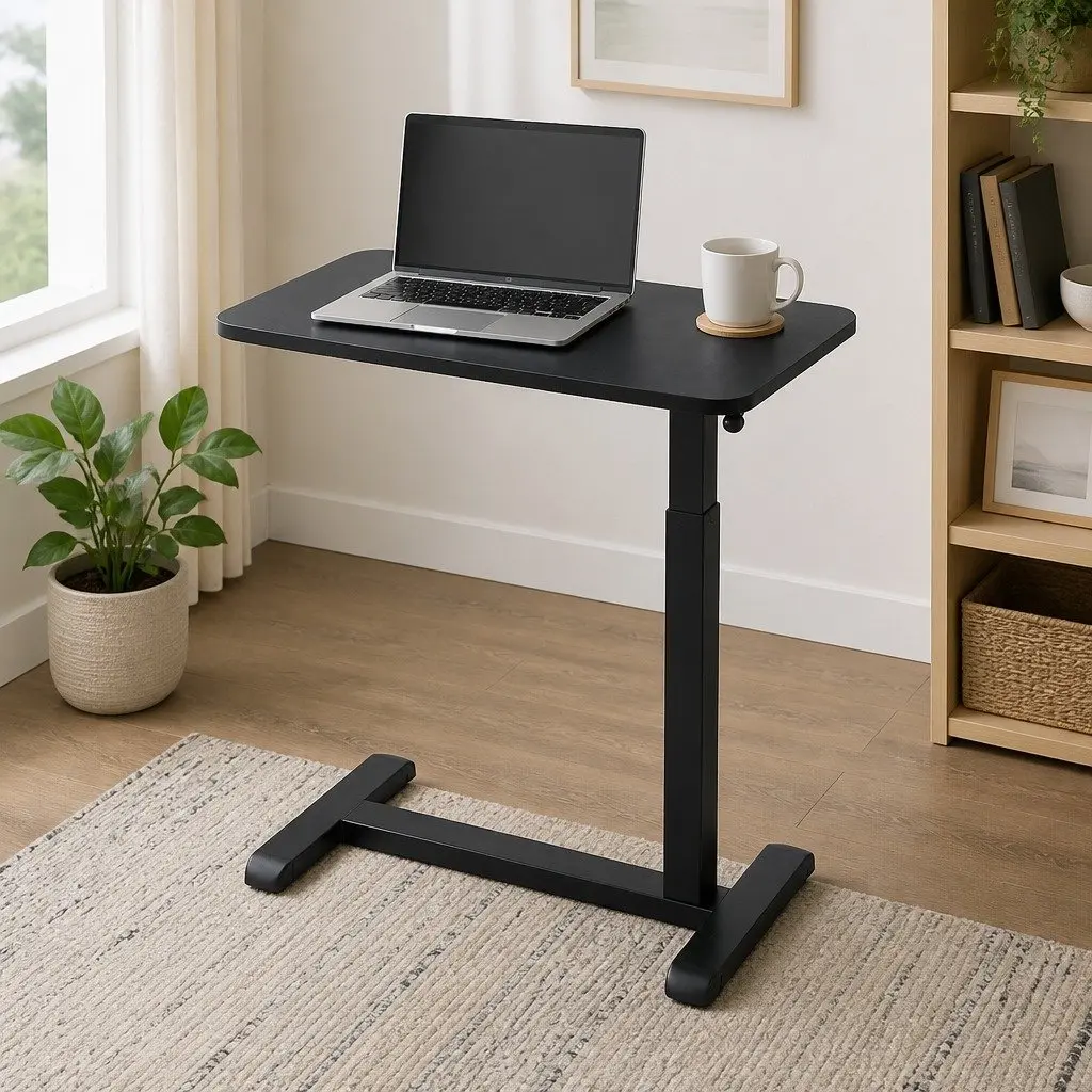 Height Adjustable Mobile Laptop Desk Workstation L-shaped Metal Frame Particle Board 70CM Black