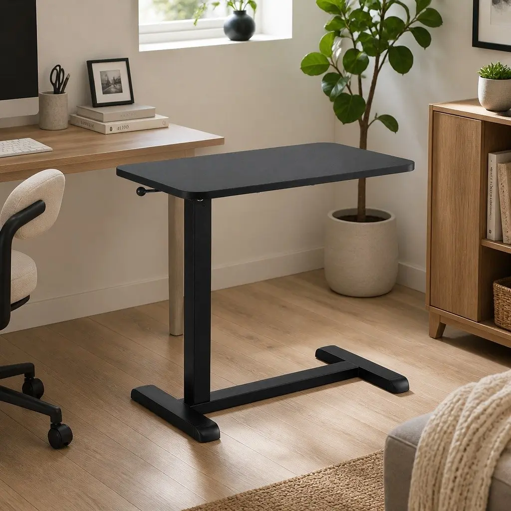 Height Adjustable Mobile Laptop Desk Workstation L-shaped Metal Frame Particle Board 70CM Black