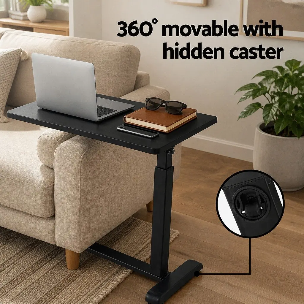 Height Adjustable Mobile Laptop Desk Workstation L-shaped Metal Frame Particle Board 70CM Black