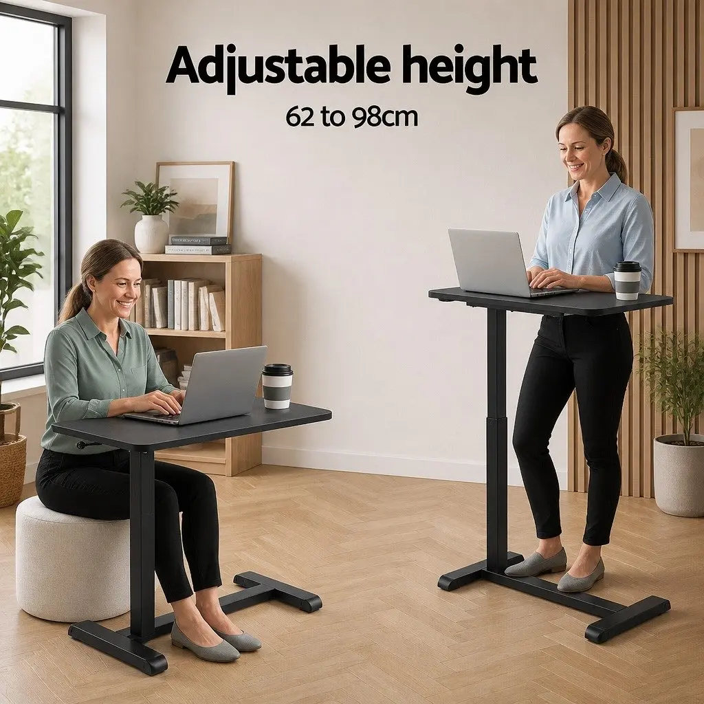 Height Adjustable Mobile Laptop Desk Workstation L-shaped Metal Frame Particle Board 70CM Black